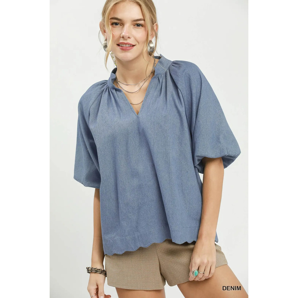 Umgee Chambray Scallop Hem Puff Sleeve Top